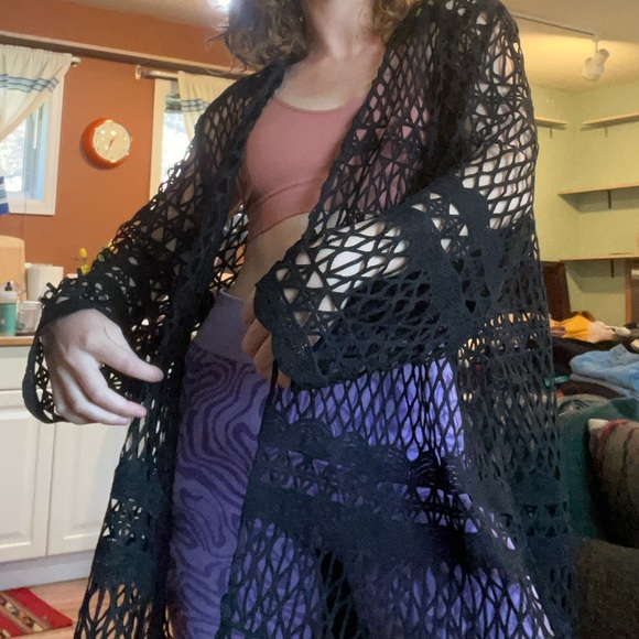 Netted Crochet Knit Cardigan Coverup Oversized Summer Beach Black OS - Picture 4 of 7